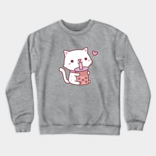 Cute White Cat Loves Drinking Boba Tea Crewneck Sweatshirt